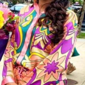 Multi-color 2 piece pants and button-up top